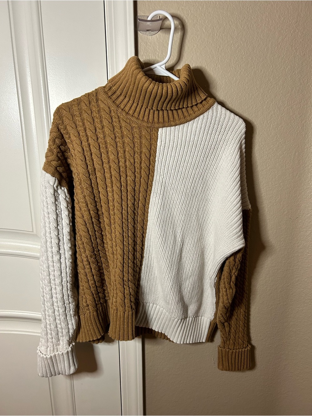 French Connection Two-Tone Cable Knit Turtleneck Sweater - Brown & White
